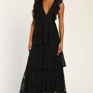 Lulu’s Molinetto Black Lace Ruffled Tiered Sleeveless Maxi Dress